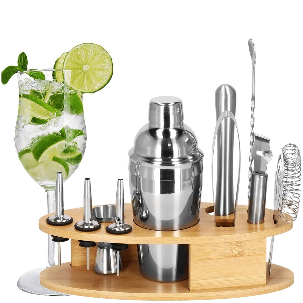 Set Cocktail Shaker Kit pentru barmani 550ml, KI24, suport bambus, 11 piese