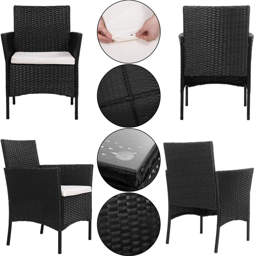 Set mobilier terasa, din tehnorattan, masa cu blat sticla securizata, 2 fotolii cu perne, negru
