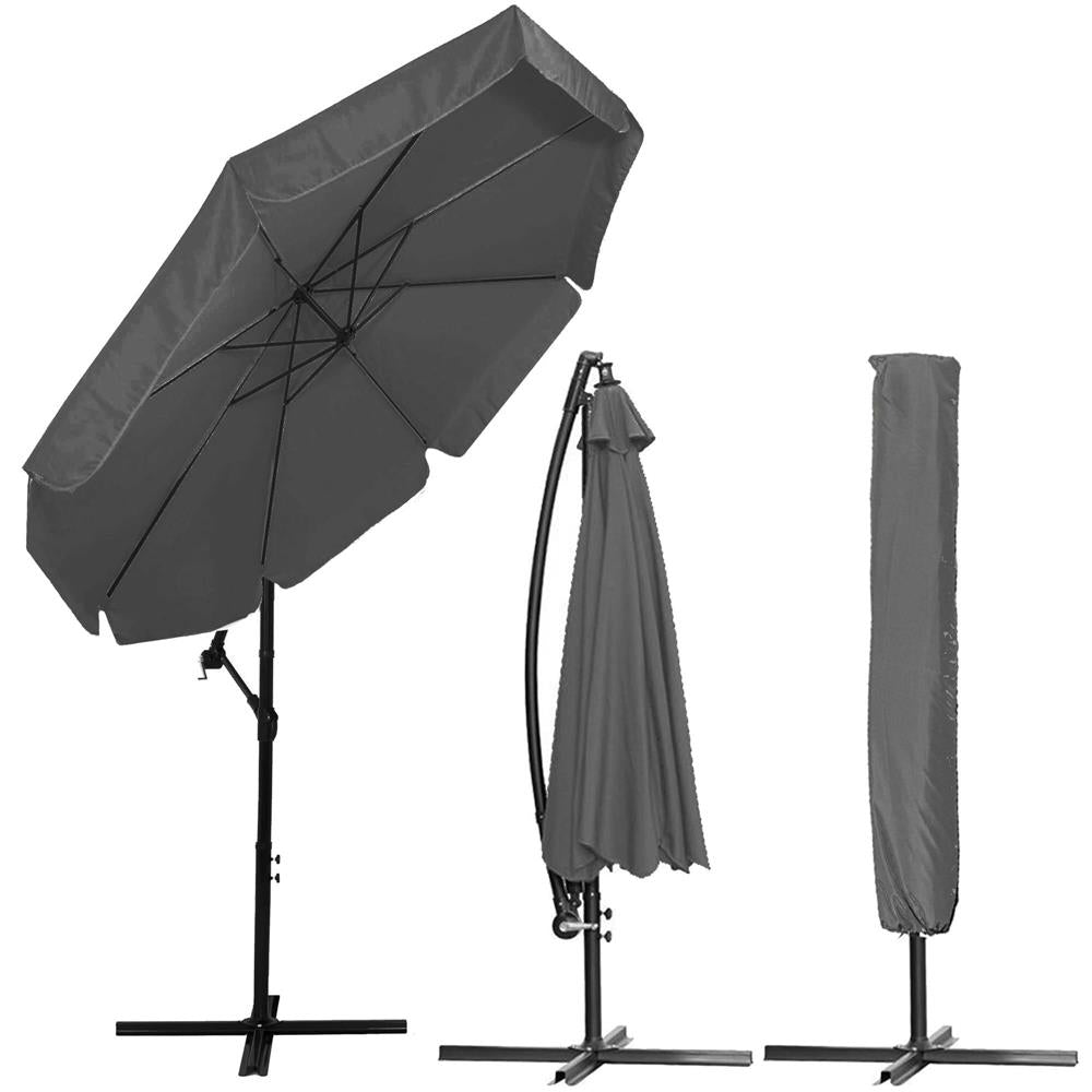 Umbrela de gradina cu brat lateral banana, cu husa, 300cm, gri