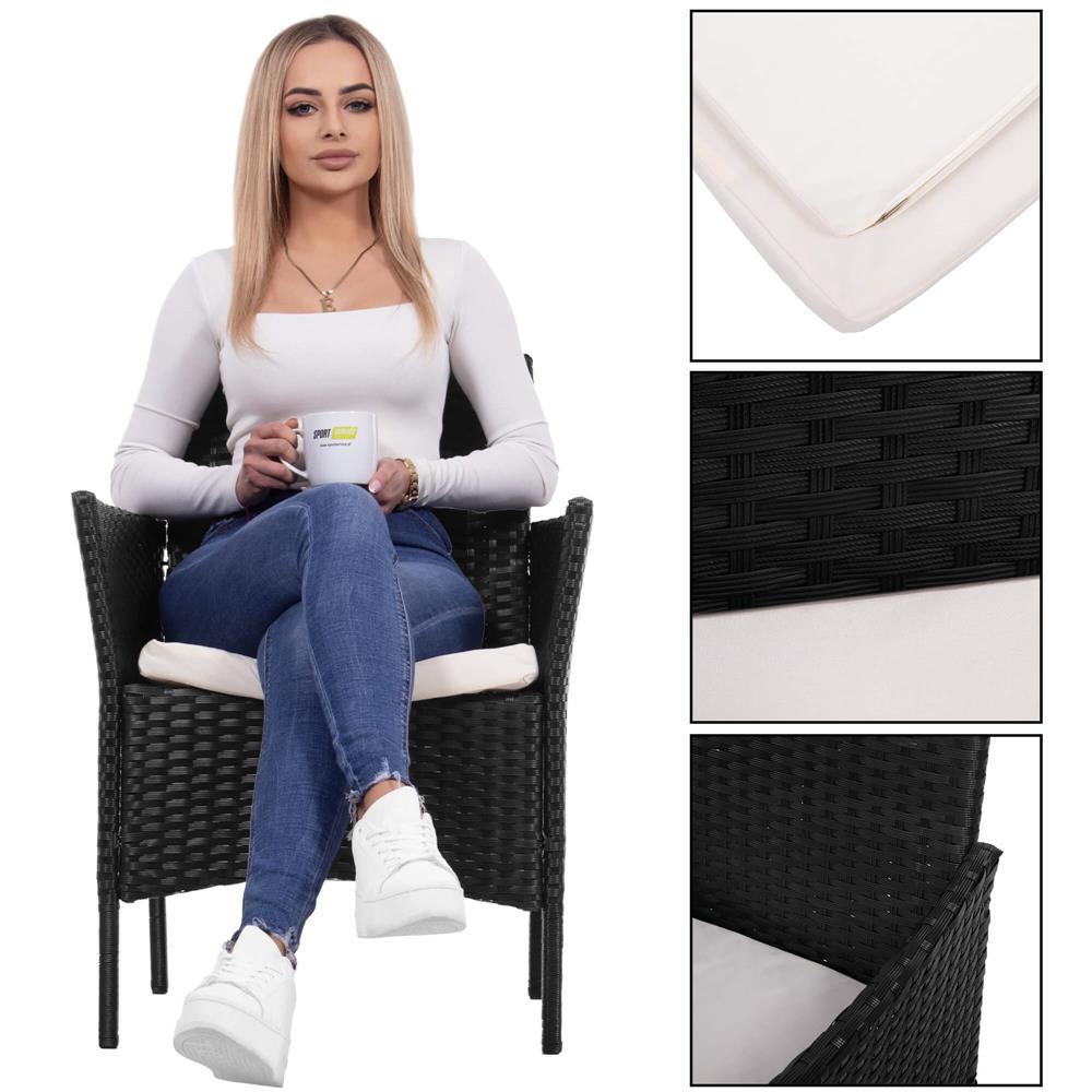 Set mobilier terasa, din tehnorattan, masa cu blat sticla securizata, 2 fotolii cu perne, negru