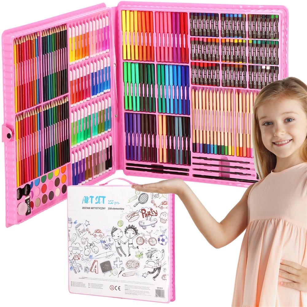 Set de pictura si desen pentru copii, 258 de piese, trusa plastic roz