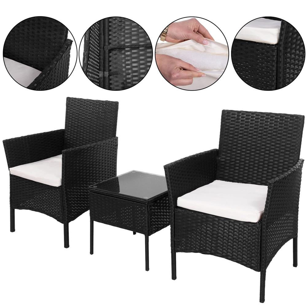 Set mobilier terasa, din tehnorattan, masa cu blat sticla securizata, 2 fotolii cu perne, negru