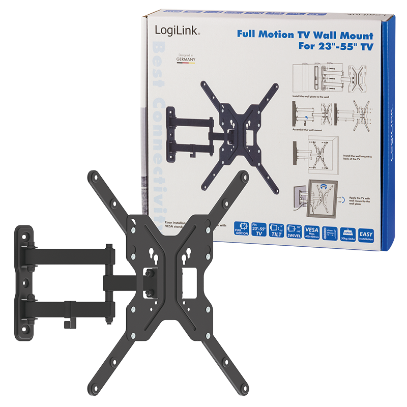 SUPORT de perete LOGILINK, pt 1 TV/monitor, diag. max 55 inch, inclinare, pivotare, rotire, orizontala, max 30 Kg, "BP0016"