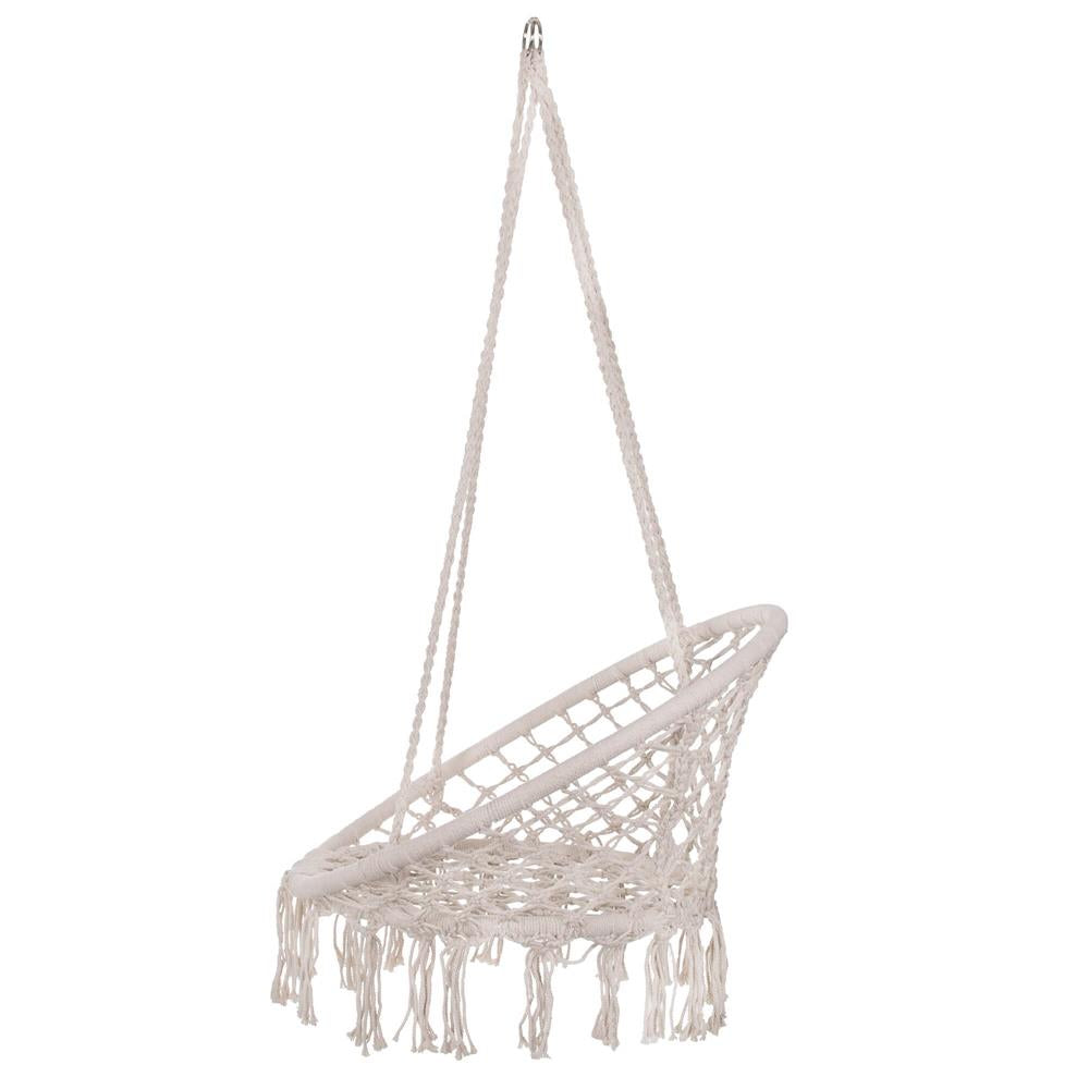 Scaun rotund tip leagan suspendat pentru casa sau gradina, cu franjuri, 150kg, bej