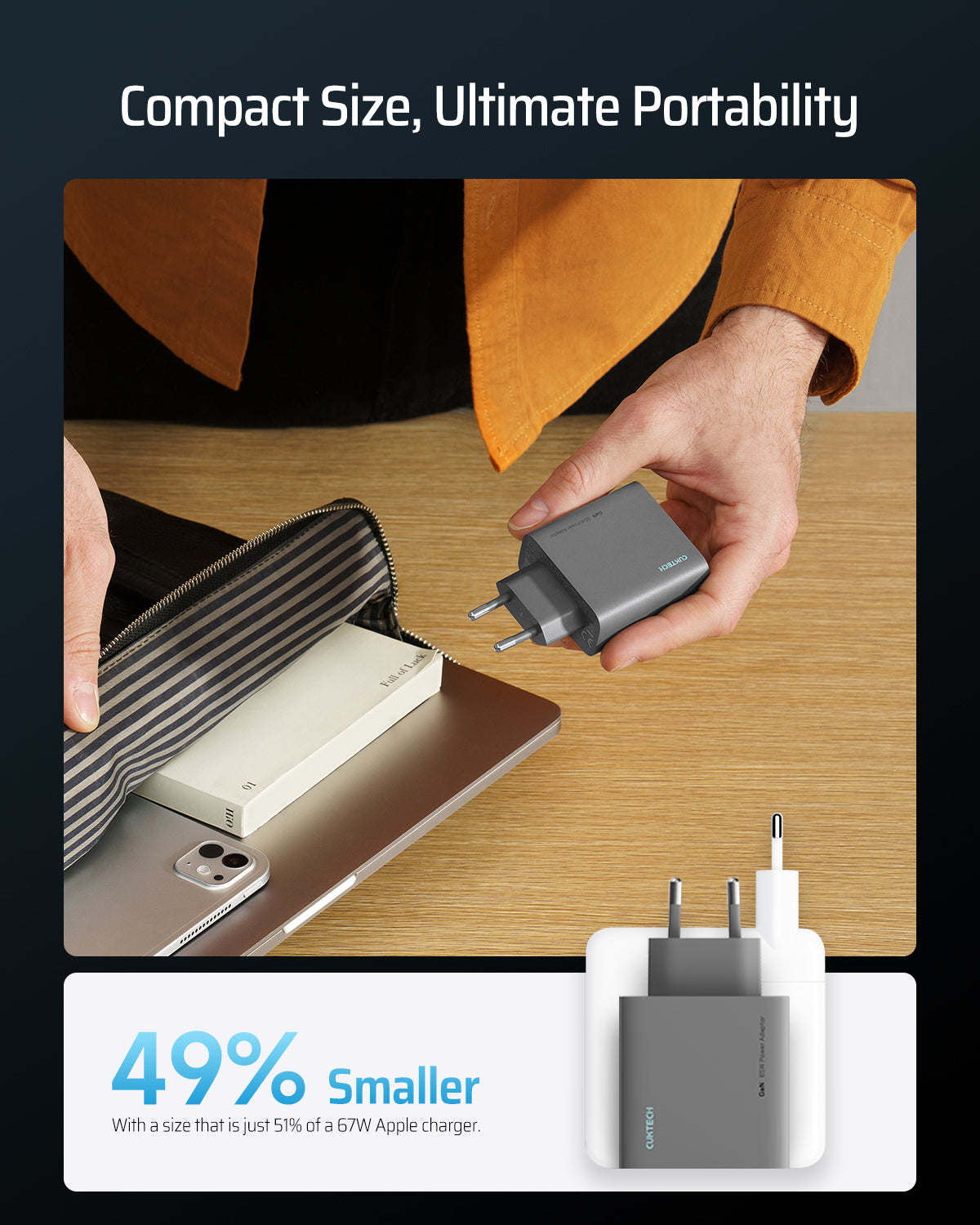 INCARCATOR retea Cuktech 2C1A Quick Charge 65W, 2 x USB Type-C Output, 1 x USB Output, include Cablu USB Type-C la USB Type-C 1m, negru 