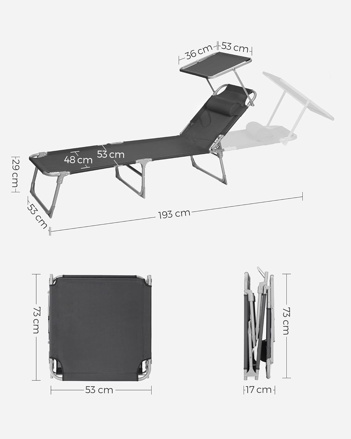 SONGMICS Sezlong pliabil, cu parasolar si tetiera, spatar reglabil in 4 pozitii, maxim 150kg, 193x53x29cm, gri
