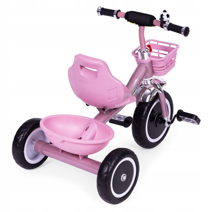 Tricicleta pentru copii 47 cm latime axa spate, cu cosuri si claxon, cadru otel, roti EVA, roz
