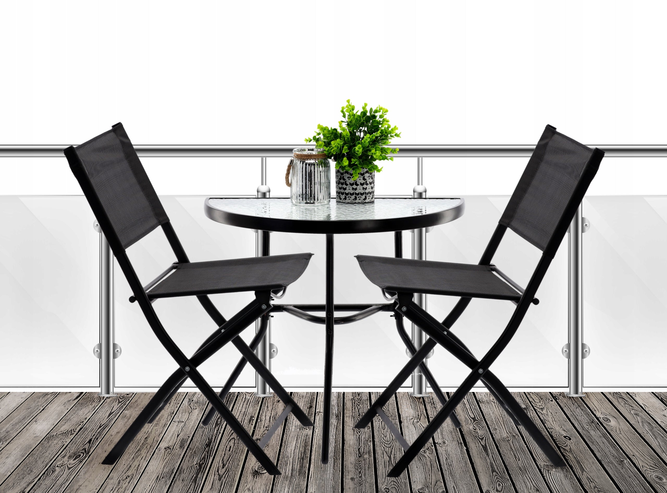 Set mobilier gradina sau balcon, masa semirotund sticla cu 2 scaune pliabile, negru