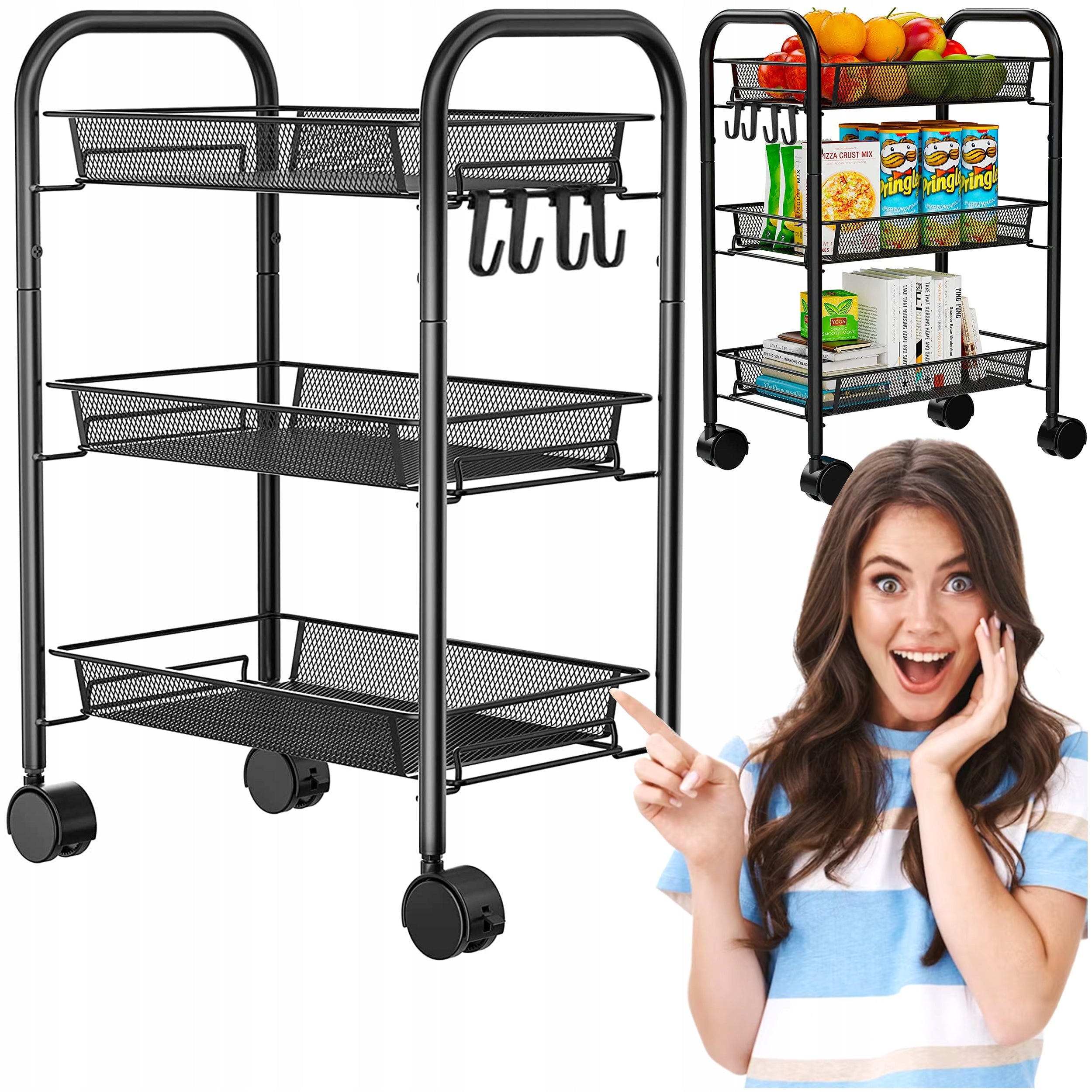 Raft metalic mobil tip carucior pentru bucatarie, 3 polite si 4 agatatori, negru, 44x26x64cm
