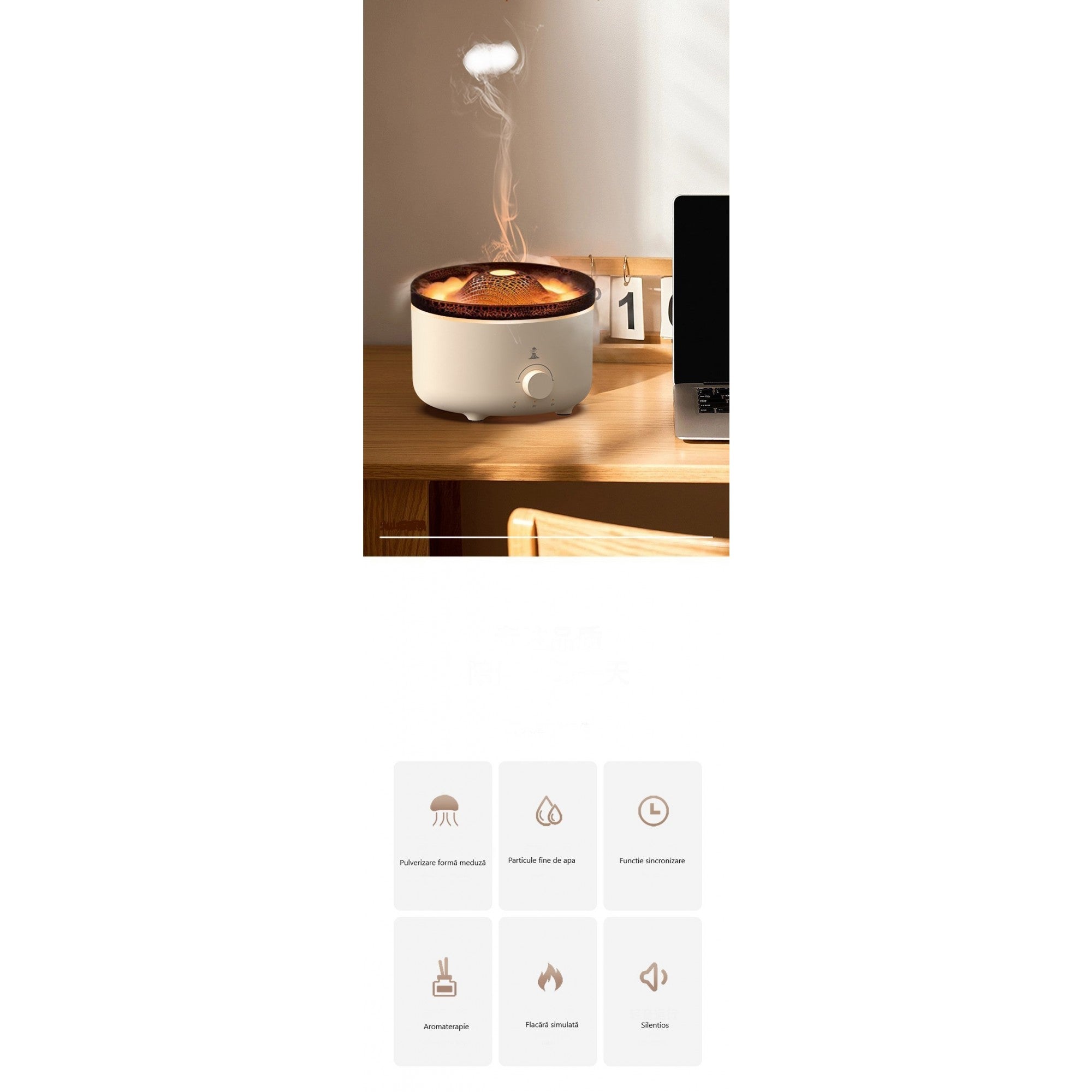 Umidificator de tip vulcan, cu aromaterapie, cu telecomanda, 560 ml, model V21A, alb