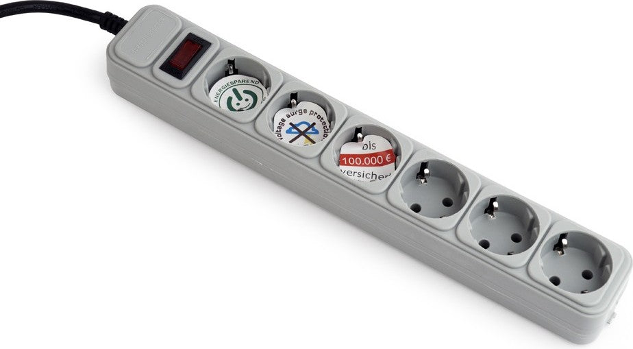 PRELUNGITOR GEMBIRD, Schuko x 6, conectare prin Schuko (T), cablu 1.8 m, 16 A, protectie supratensiune, protectie copii, gri, "SPG6-B-6C"