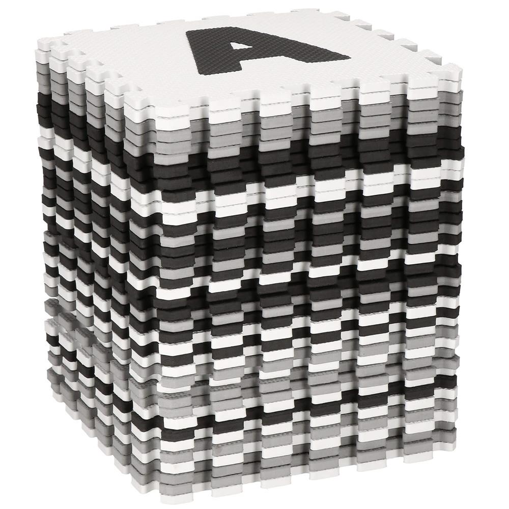 Covor din spuma pentru copii, tip puzzle alfabet si numere, 110 piese, termoizolant, 175x175 cm, negru, gri