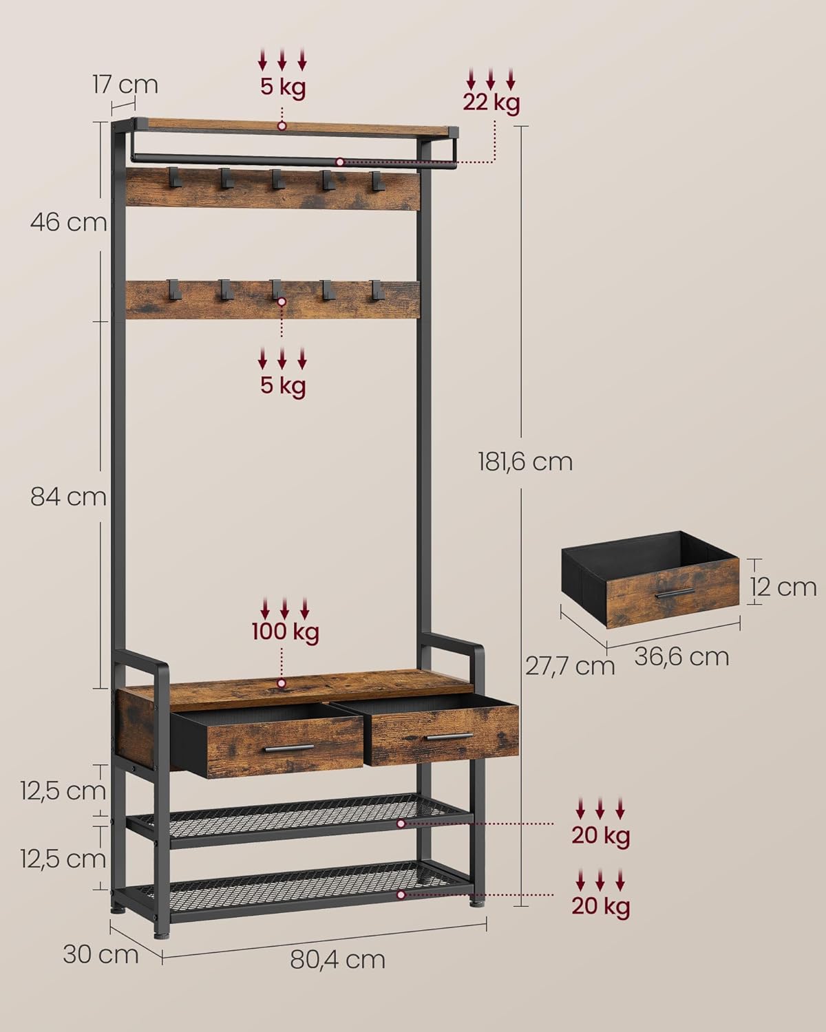 VASAGLE Cuier cu polite de depozitare pantofi si 2 sertare, cadru din otel, stil industrial, 30x80x182cm, maro rustic
