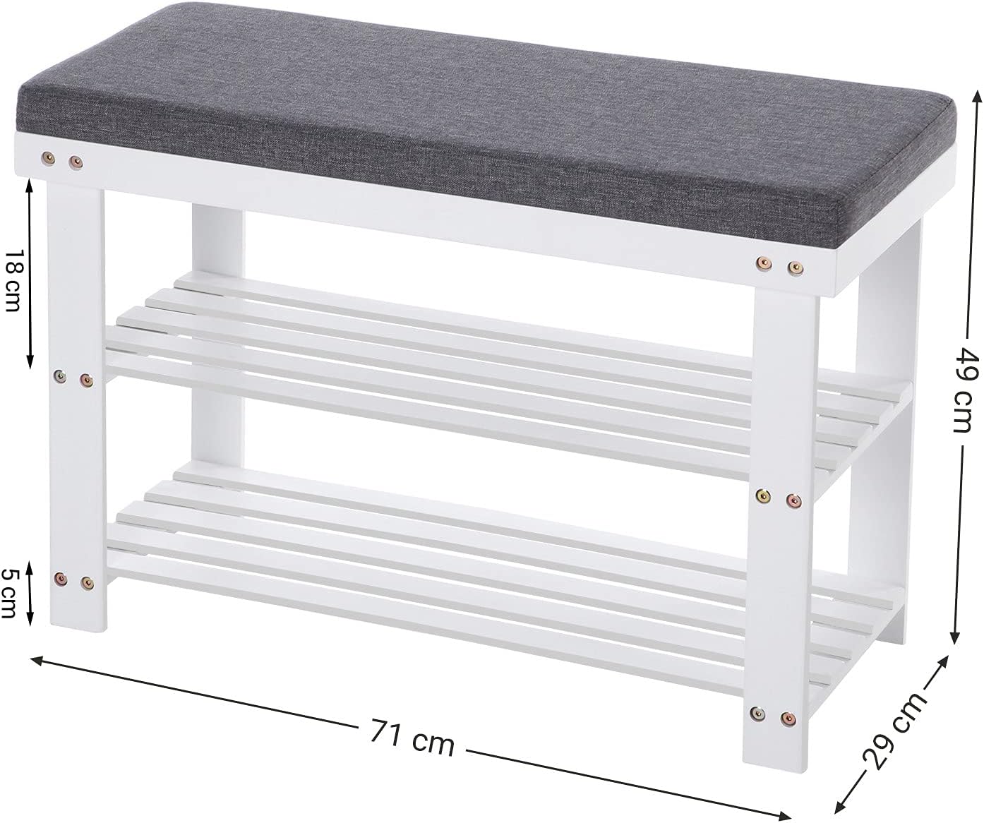 SONGMICS Banca pentru pantofi din bambus, 2 niveluri, cu perna, sarcina 150 kg, 71x29x49 cm, alb si gri