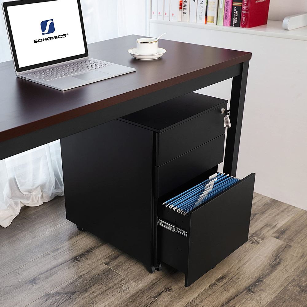 SONGMICS Dulap mobil tip rollbox pentru birouri, din otel, sertar cu sina dosare A4, 39x52x60 cm, negru