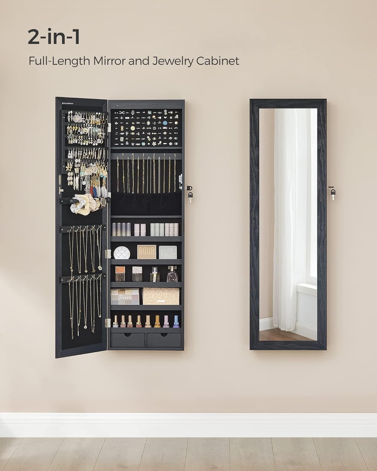 SONGMICS Dulap pentru bijuterii cu oglinda, montare pe perete sau usa, material MDF, inchidere cu cheie, 120x37x10 cm, negru