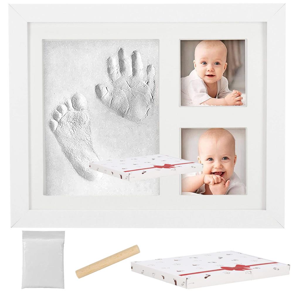 Kit amprenta mulaj manuta sau piciorus bebe si rama foto, 23x28cm, cu cutie de cadou, cadrul alb