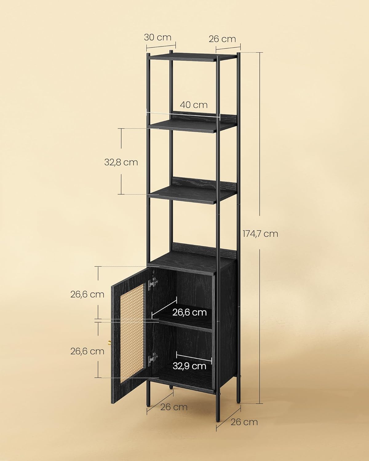 VASAGLE Biblioteca cu 6 etaje, cadru metalic, usa cu efect ratan Boho, 30x40x175 cm, negru