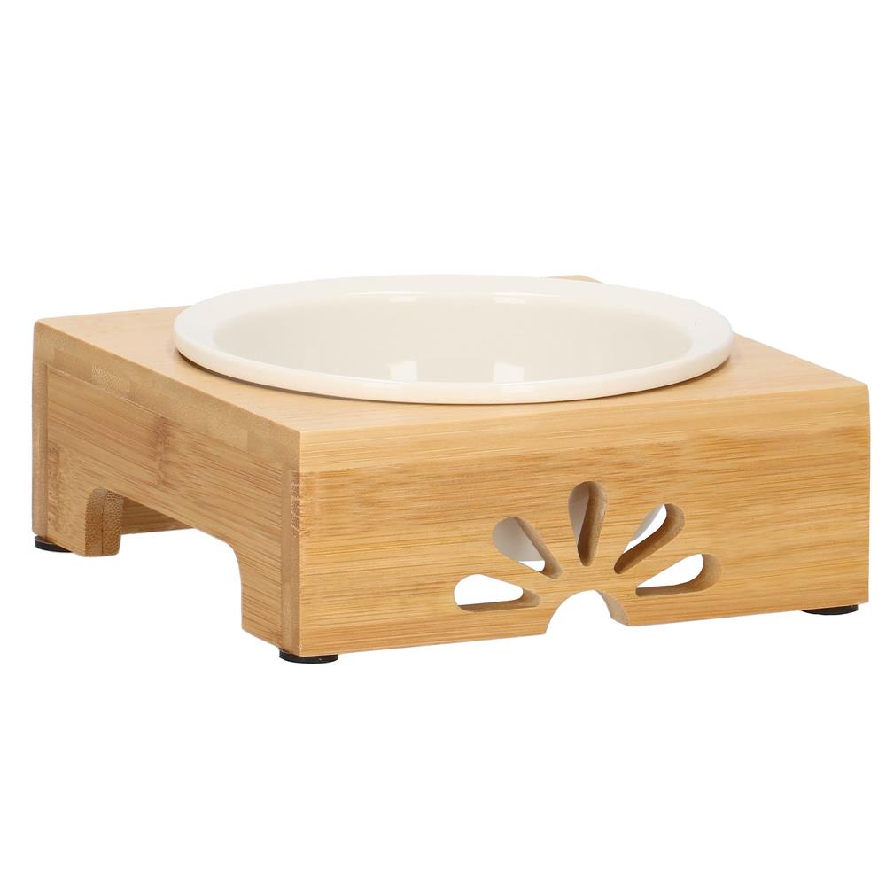 Castron ceramica, bol, pentru caine sau pisica, cu suport din bambus, 15cm