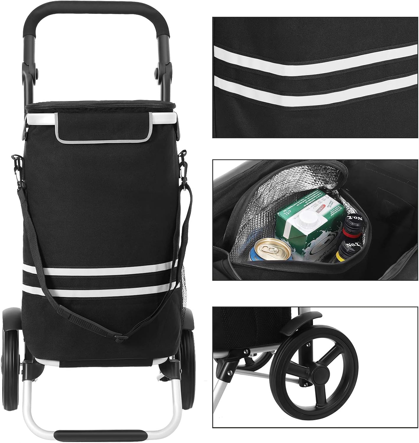 SONGMICS Carucior de cumparaturi piata, pliabil, compartiment frigorific, multifunctional, 44x35x100 cm, negru