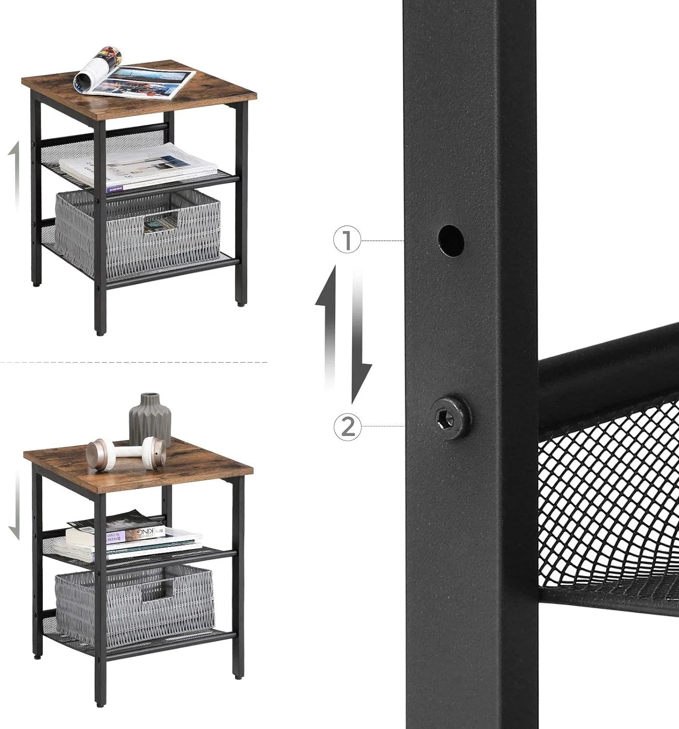 VASAGLE Set de 2 noptiere, cu cadru metalic, blat MDF, rafturi reglabile, 40x40x50cm, maro rustic