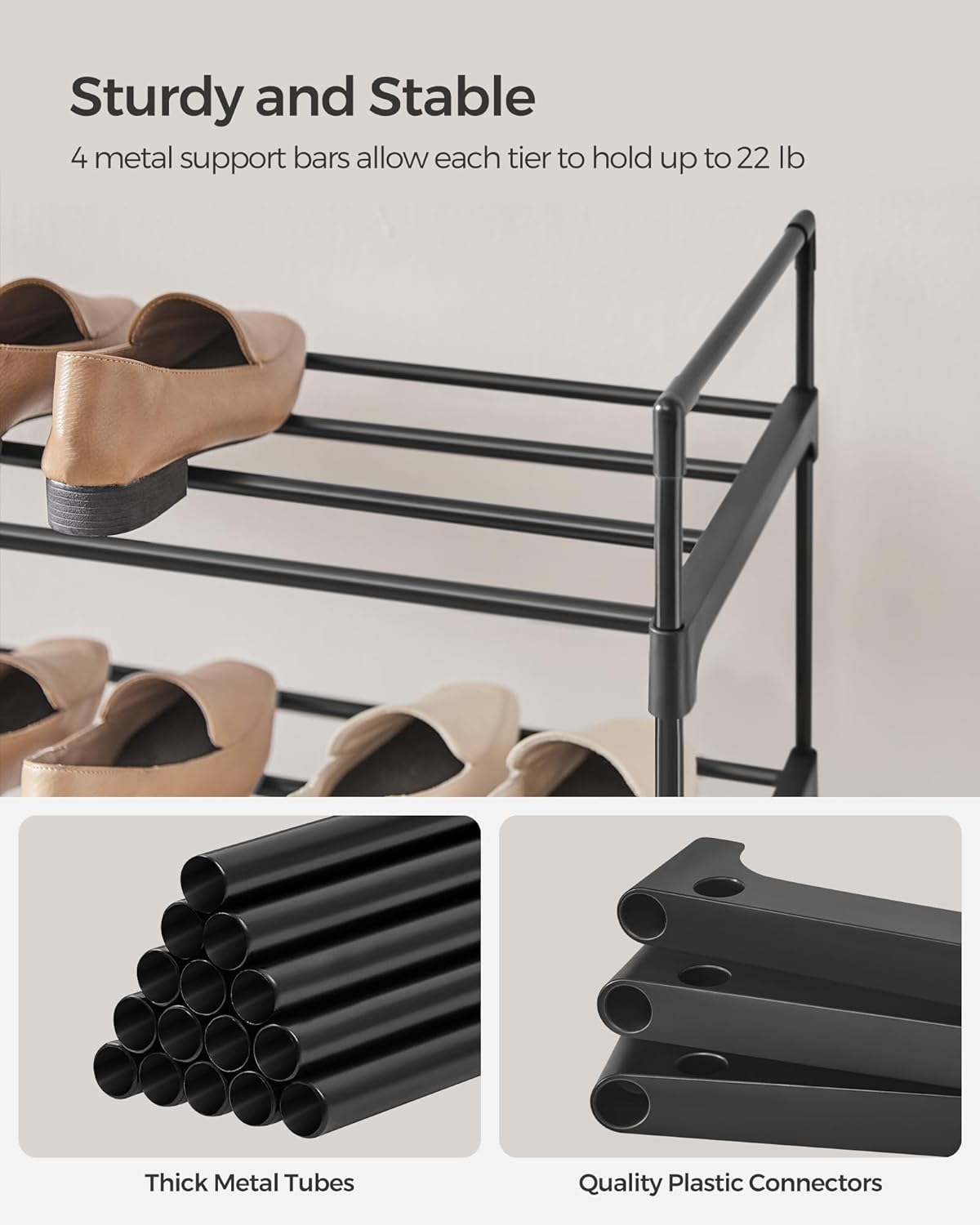 SONGMICS Suport pentru pantofi cu 4 nivele, structura metalica, pentru 16-20 perechi, 92x30x74 cm, negru