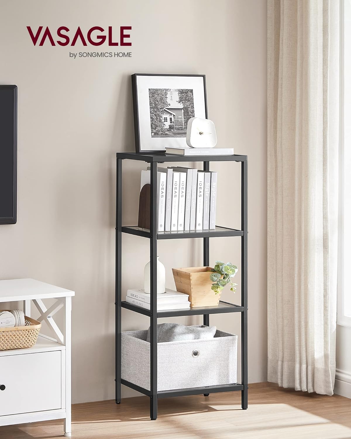 VASAGLE Raft cu trepte pentru dormitor, 4 etaje, din sticla securizata, cadru din otel, 30x95x40cm, negru
