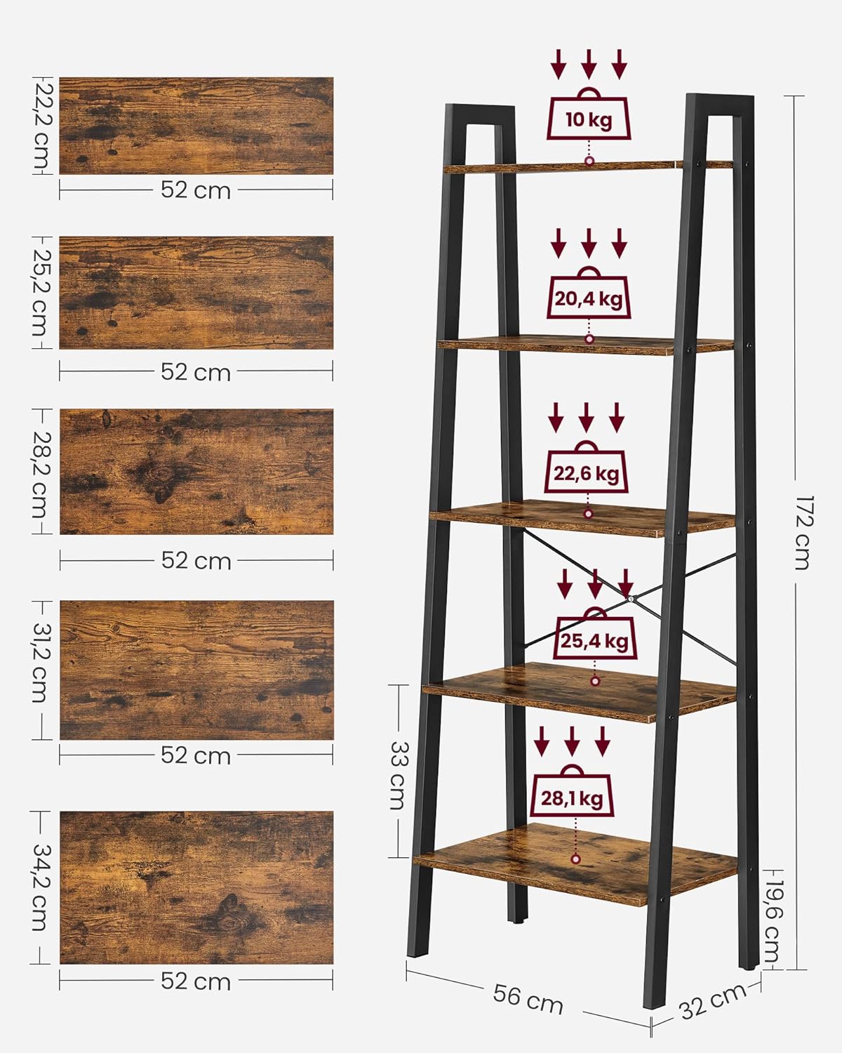 VASAGLE Biblioteca tip scara, cadru otel cu 5 polite din MDF, stil industrial, 56x34x172cm, maro rustic si negru