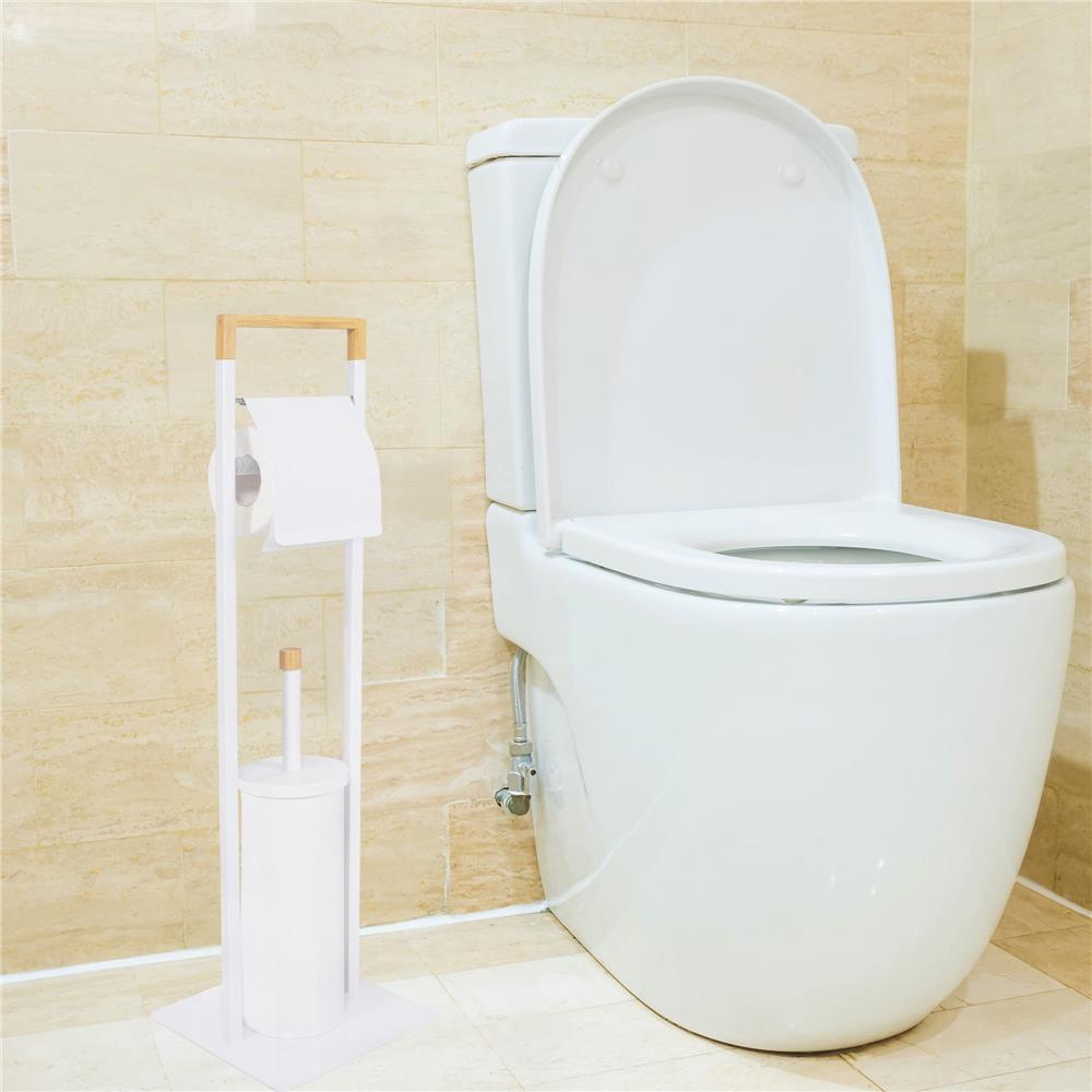 Stand cu perie WC si suport hartie igienica, metal si bambus, 74cm, alb