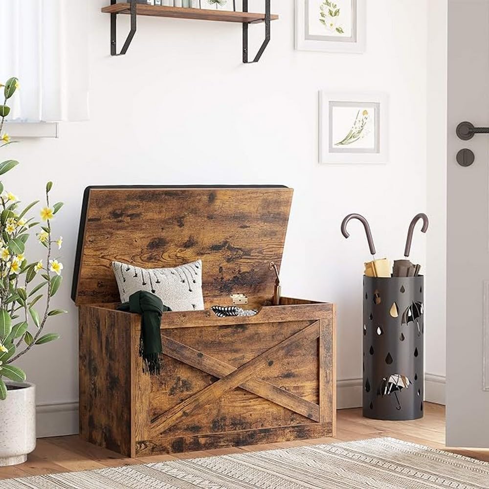 VASAGLE Banca pentru pantofi cu perna, tip cufar de depozitare, stil hambar, 76x40x48cm, maro rustic