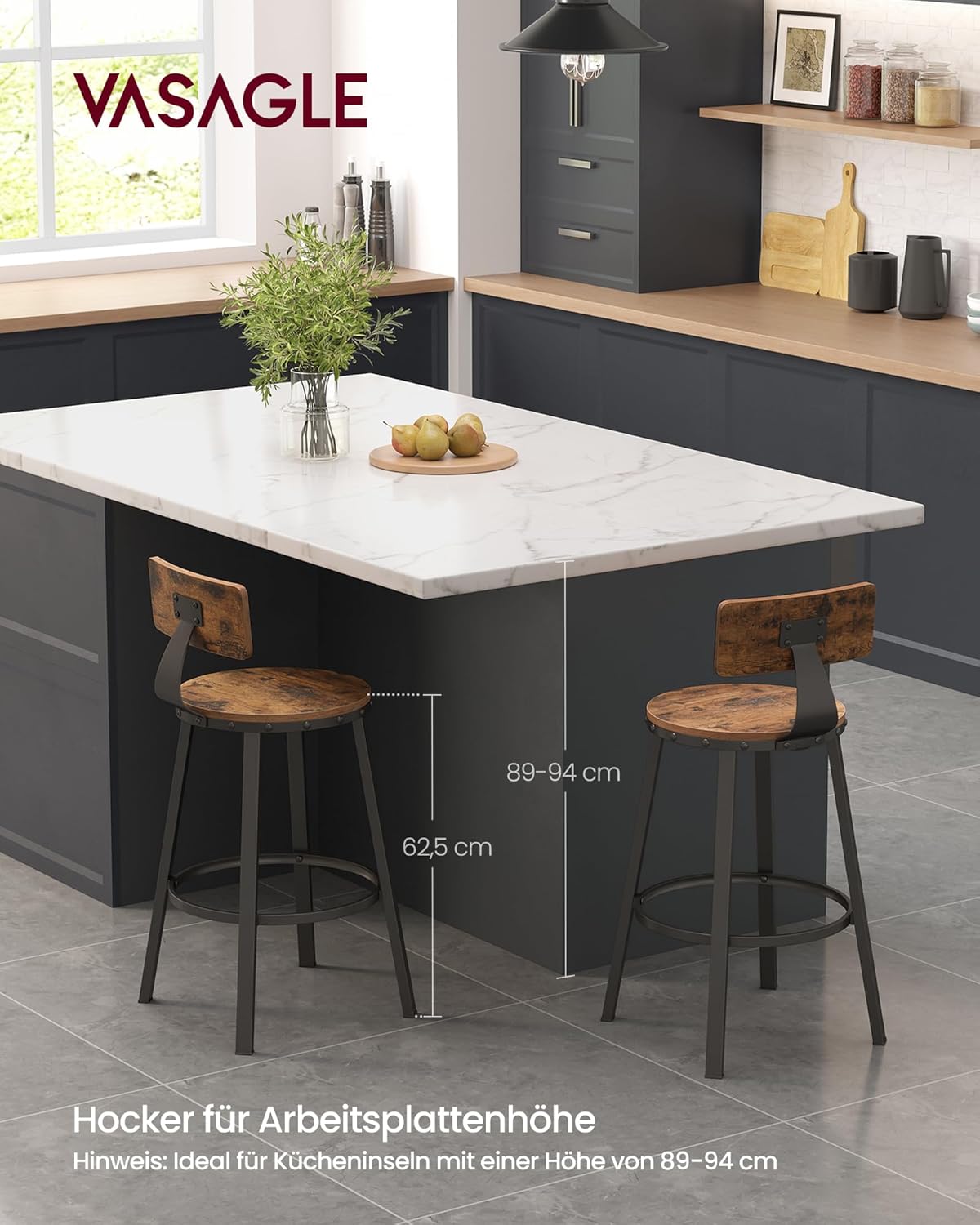 VASAGLE Set de 2 scaune de bar inalte cu spatar, cadru din otel, industrial, 51x89cm, maro rustic - 4