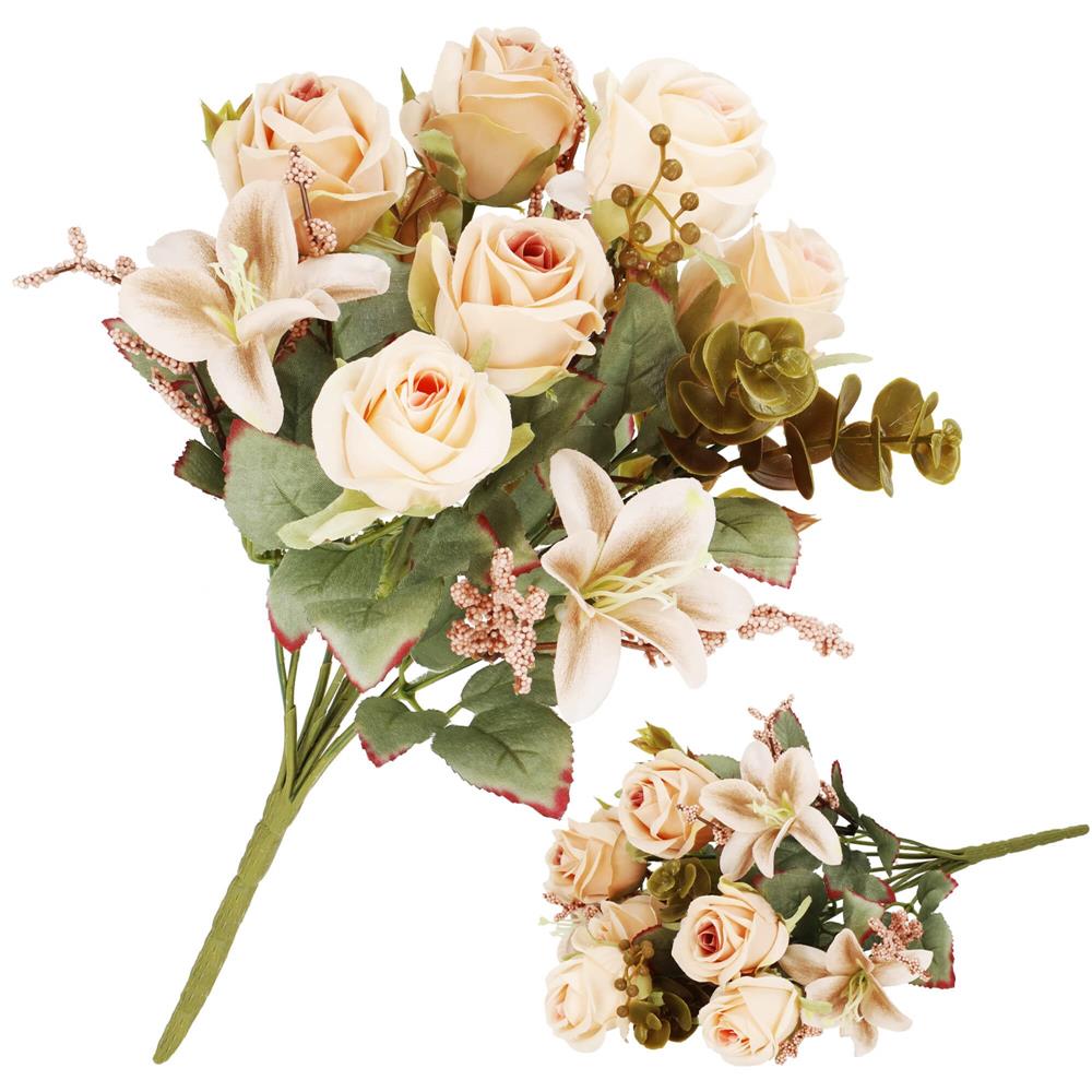 Buchet de flori artificiale din poliester, 10 fire trandafiri si crini, 37cm, crem