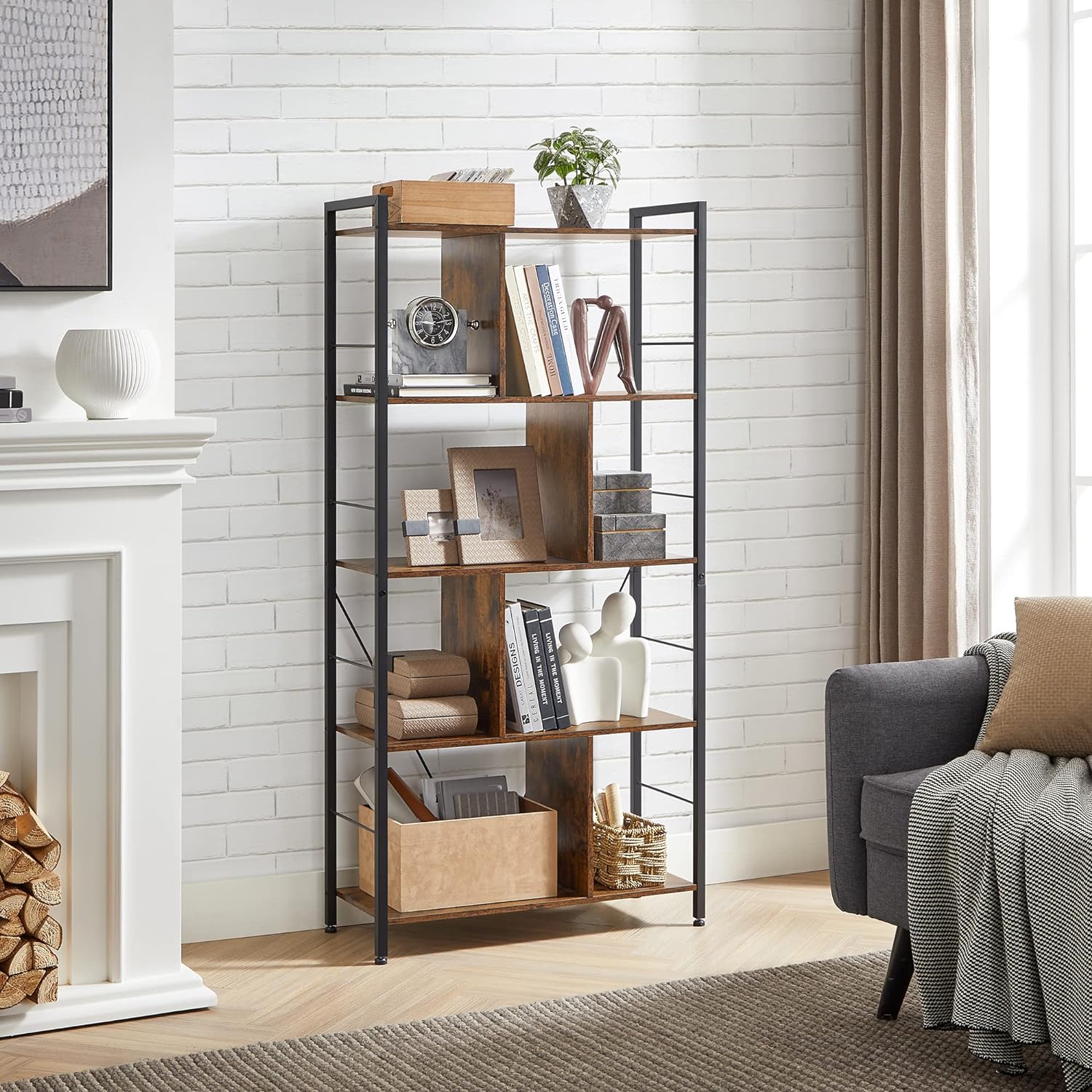 VASAGLE Biblioteca din lemn cu 5 nivele, stil industrial, 30x74x150cm, maro rustic