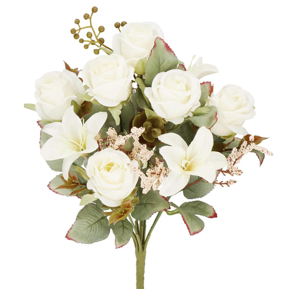Buchet de flori artificiale din poliester, 9 fire trandafiri si crini, 37cm, alb