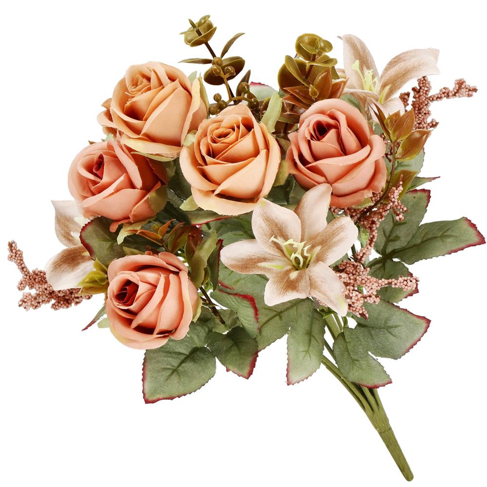 Buchet de flori artificiale din poliester, 9 fire trandafiri si crini, 37cm, roz
