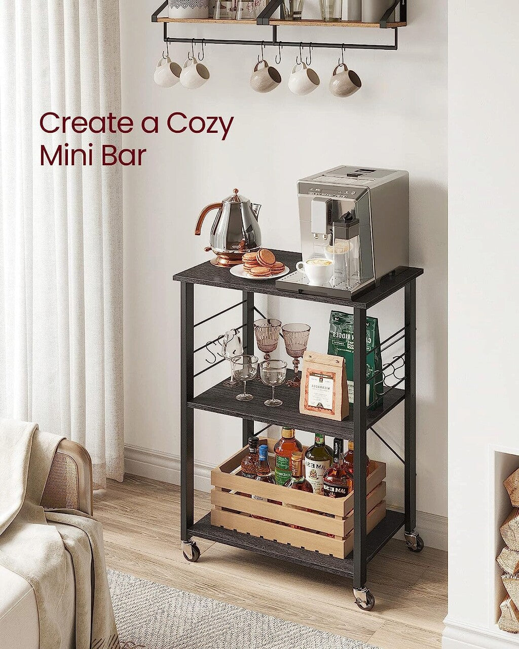 VASAGLE Raft de bucatarie pe roti, carucior de servire cu 3 rafturi, cadru metalic, 40x60x89 cm, design industrial, negru - 4