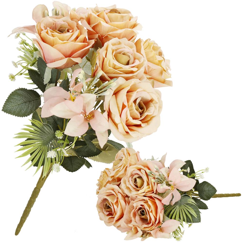 Buchet de flori artificiale din poliester, 9 fire trandafiri, 40cm, roz
