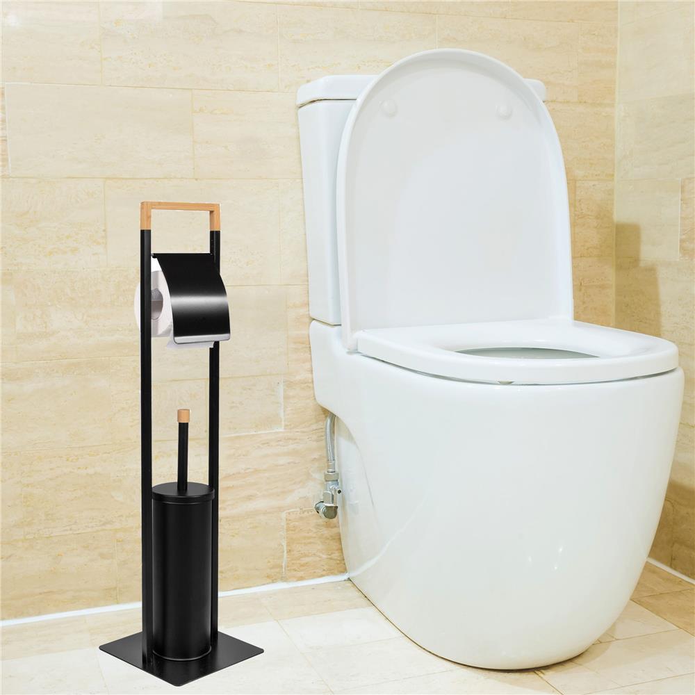 Stand cu perie WC si suport hartie igienica, metal si bambus, 74cm, negru