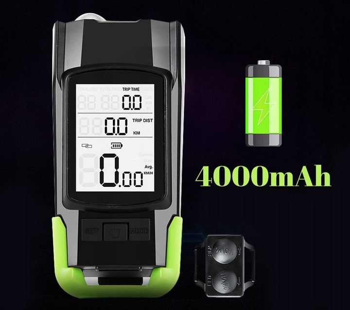 Far bicicleta 3 in 1, 2x LED 5 Wati, claxon, vitezometru, distanta, acumulator 4000mAh, USB, rezistent la apa