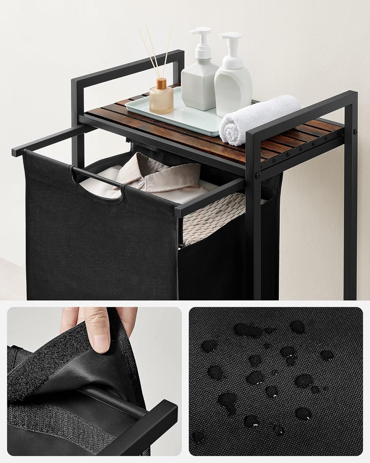 VASAGLE Cos de rufe, sac de rufe detasabil, raft, cadru metalic, 65L, 50x33x72 cm, maro rustic si negru