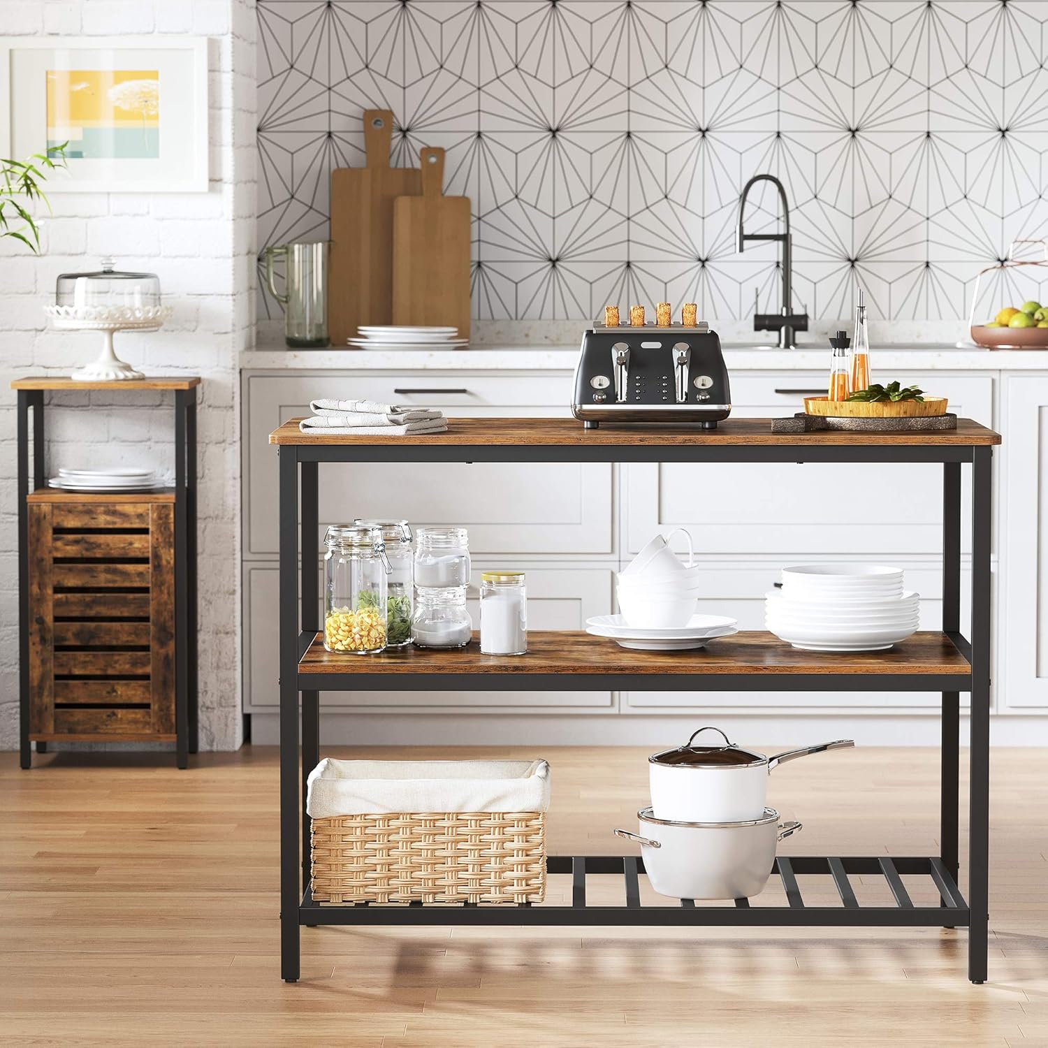 VASAGLE Raft de bucatarie tip insula, cadru de otel cu 3 nivele, stil industrial, 60x120x90cm, maro - 5