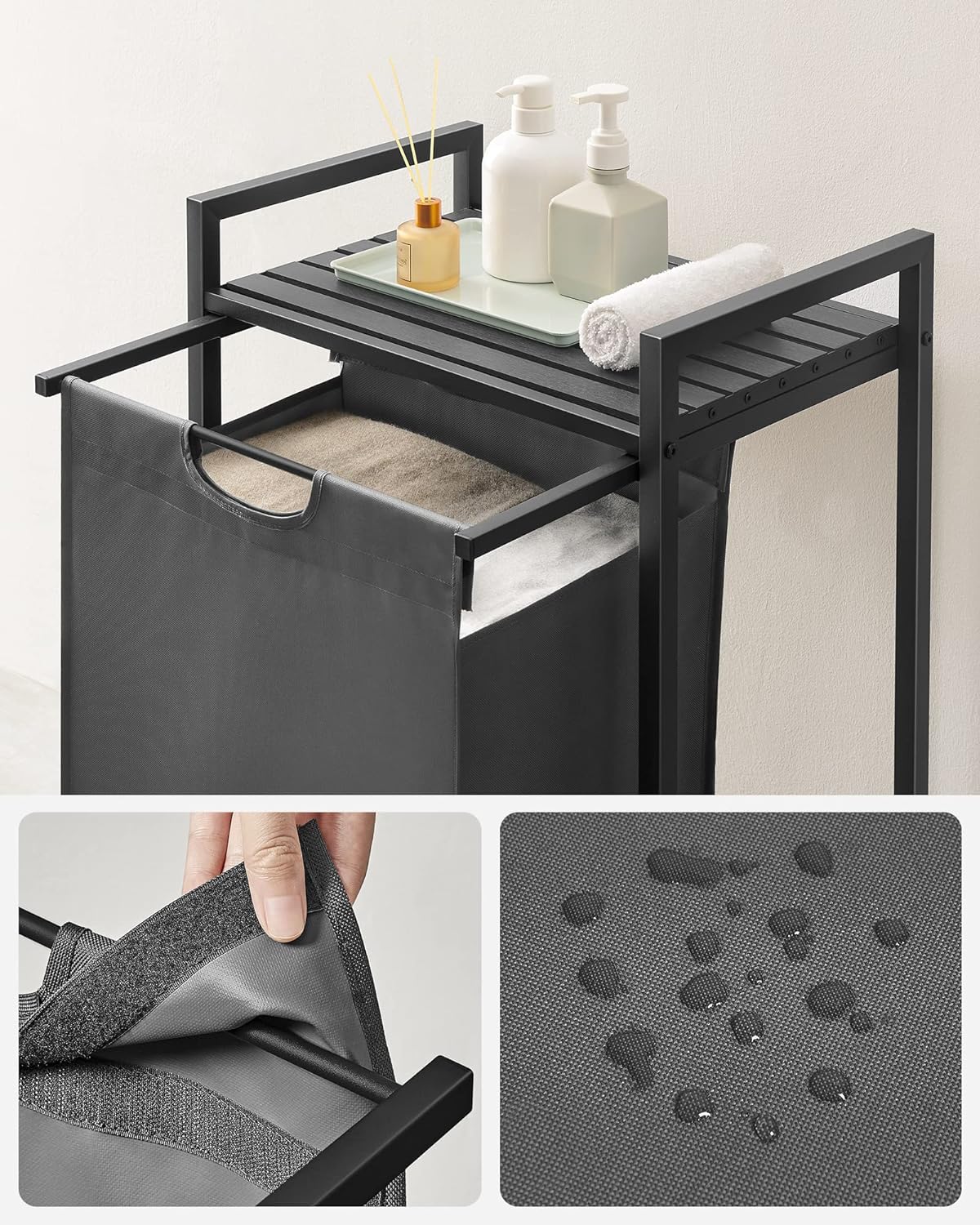 VASAGLE Cos de rufe, sac de rufe detasabil, raft, cadru metalic, 65L, 50x33x72 cm, negru si gri