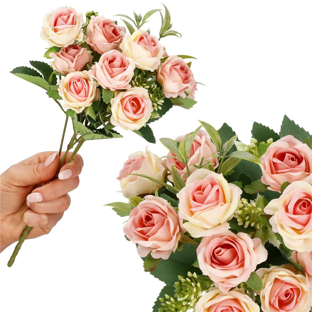 Buchet de flori artificiale din poliester, 10 fire trandafiri, 29cm, roz