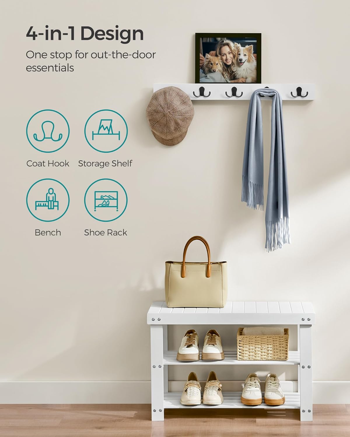 SONGMICS Set multifunctional pentru hol cu banca pentru pantofi si cuier, din bambus, 29x70x45 cm, alb