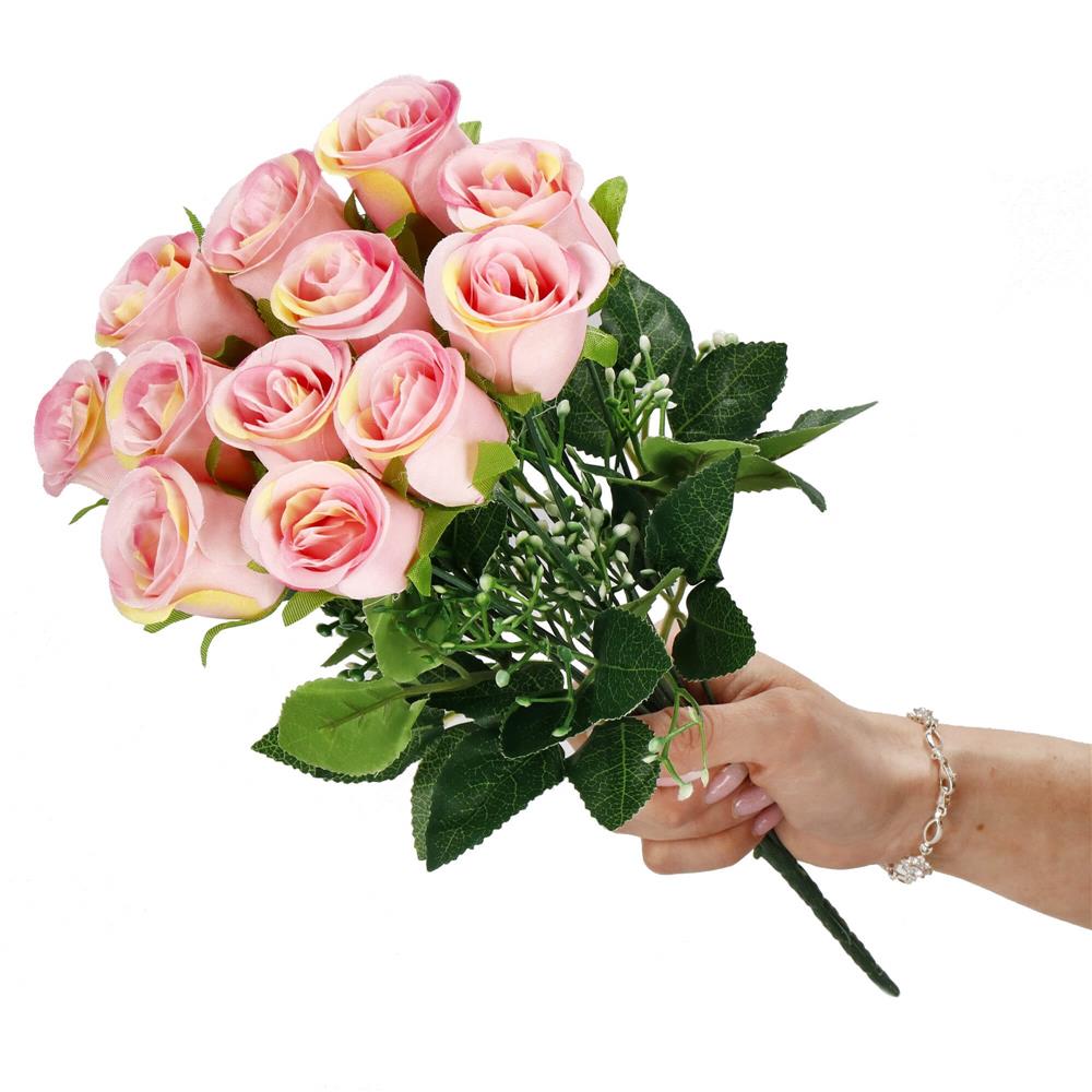 Buchet de flori artificiale din poliester, 12 fire trandafiri, 38cm, roz - 5
