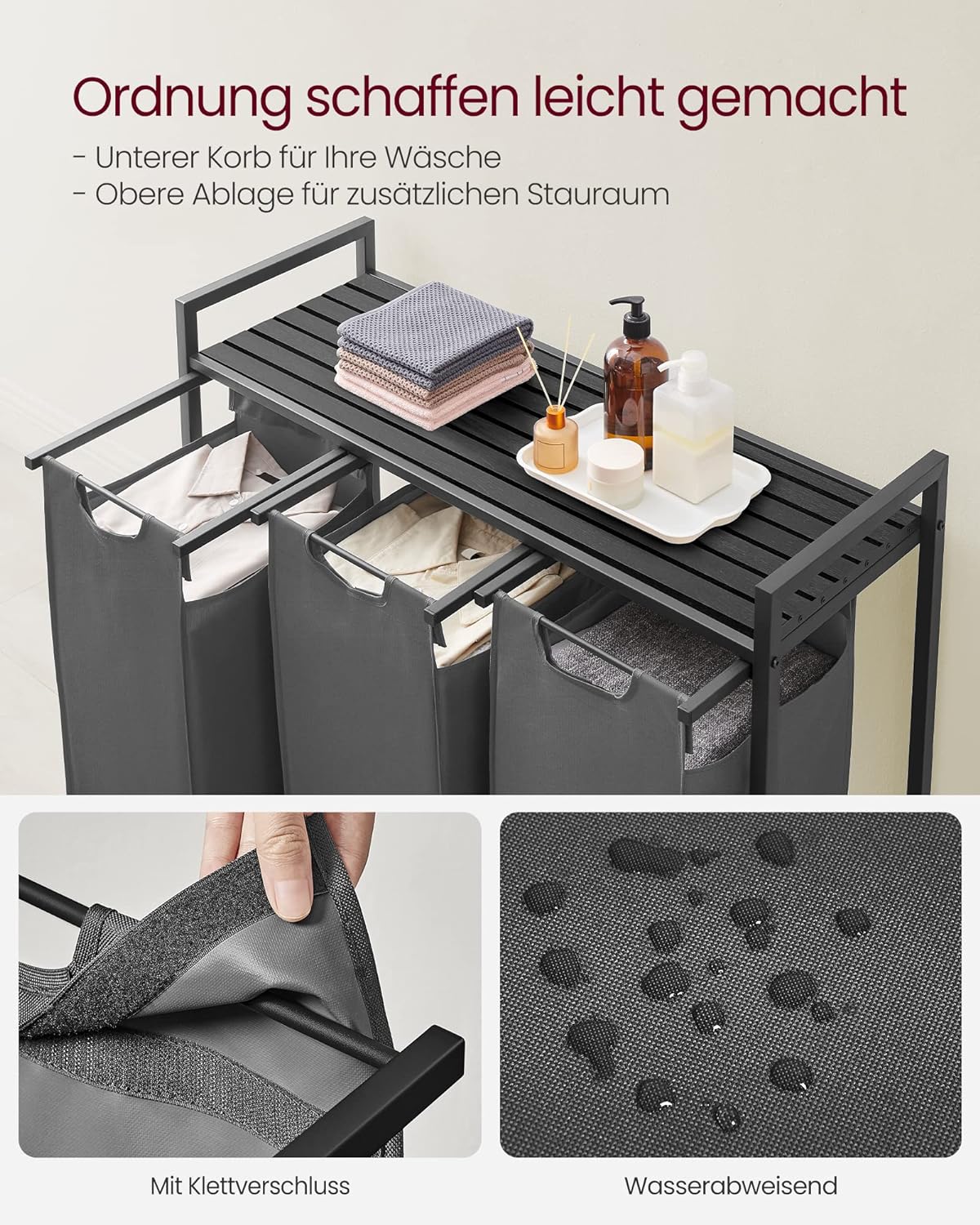 VASAGLE Cos de rufe, 3 compartimente, saci de rufe detasabili, raft, cadru metalic, 3x38L, 93x33x72 cm, negru