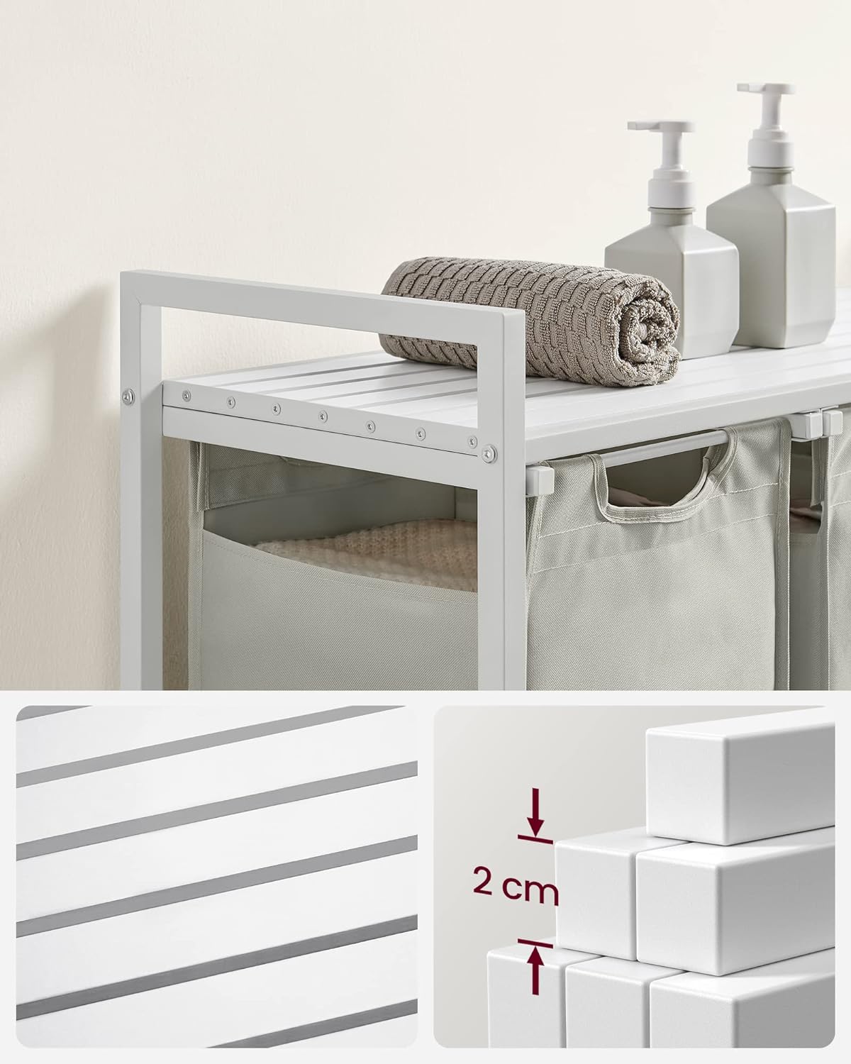 VASAGLE Cos de rufe, 3 compartimente, saci de rufe detasabili, raft, cadru metalic, 3x38L, 93x33x72 cm, alb