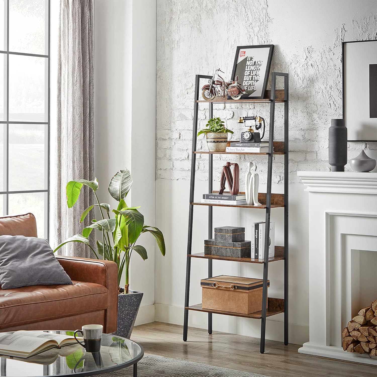 VASAGLE Biblioteca tip scara, cadru otel cu 5 polite, stil industrial, 60x30x170 cm, maro - 3