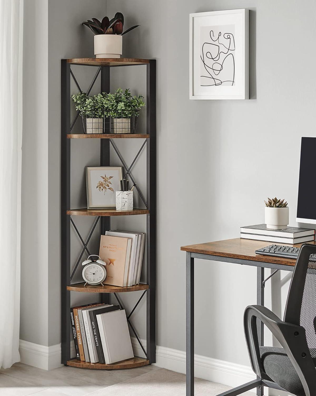VASAGLE Biblioteca de colt cu 5 etaje, cadru metalic, stil industrial, 30x30x160 cm, maro rustic