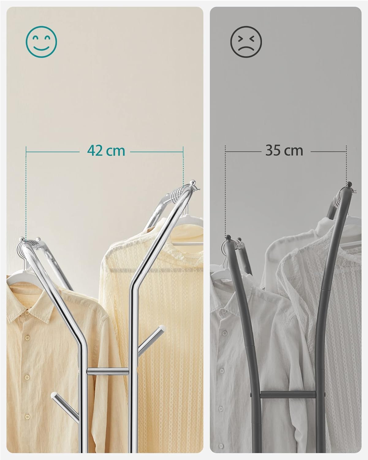 SONGMICS Suport pentru haine pe roti, cu polita, sina dubla, cadru metalic, sarcina 100kg, 53x104x155cm, inox argintiu